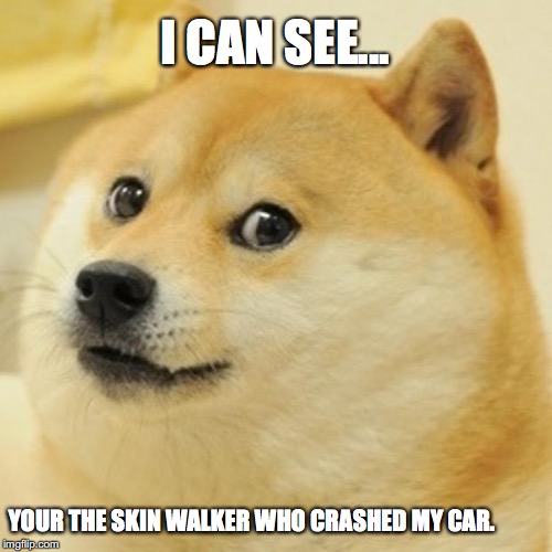 Doge Meme | I CAN SEE... YOUR THE SKIN WALKER WHO CRASHED MY CAR. | image tagged in memes,doge | made w/ Imgflip meme maker