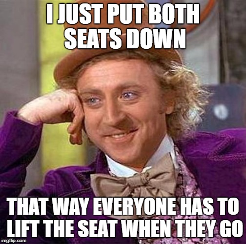 Creepy Condescending Wonka Meme | I JUST PUT BOTH SEATS DOWN THAT WAY EVERYONE HAS TO LIFT THE SEAT WHEN THEY GO | image tagged in memes,creepy condescending wonka | made w/ Imgflip meme maker