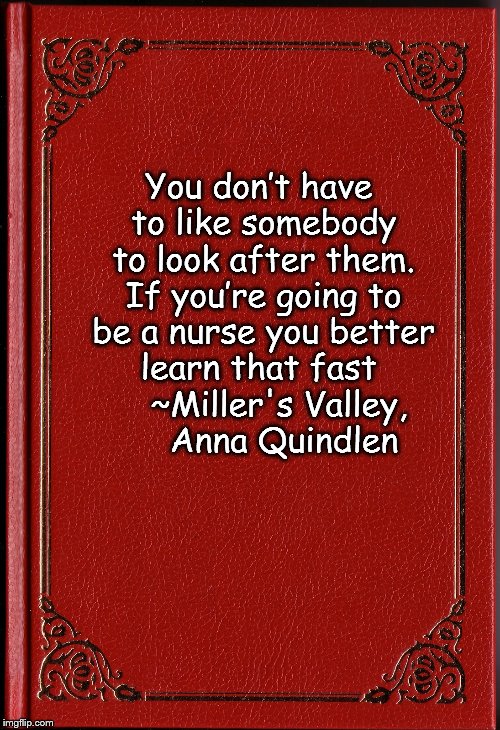 blank book | You don’t have to like somebody to look after them. If you’re going to be a nurse you better learn that fast
    ~Miller's Valley,     Anna Quindlen | image tagged in blank book | made w/ Imgflip meme maker