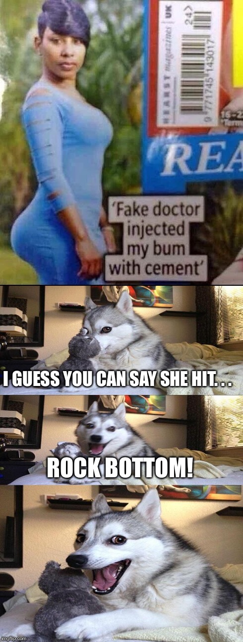 I GUESS YOU CAN SAY SHE HIT. . . ROCK BOTTOM! | image tagged in memes,bad pun dog | made w/ Imgflip meme maker
