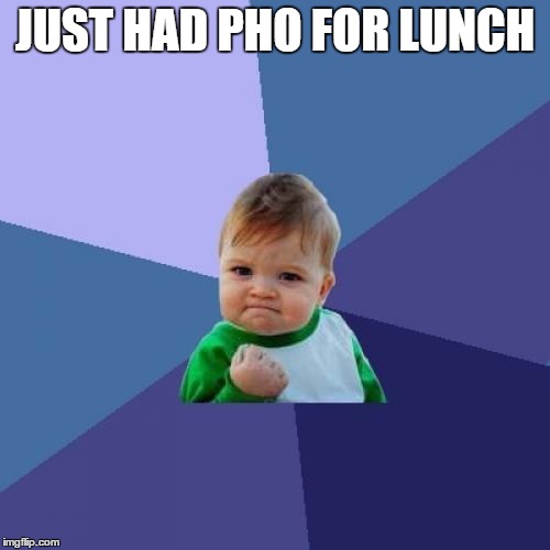 pho sure | JUST HAD PHO FOR LUNCH | image tagged in memes,success kid,pho,vietnam,food,lunch | made w/ Imgflip meme maker