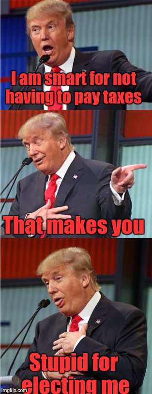 Bad Pun Trump | I am smart for not having to pay taxes; That makes you; Stupid for electing me | image tagged in bad pun trump | made w/ Imgflip meme maker