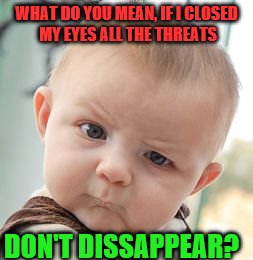 Skeptical Baby Meme | WHAT DO YOU MEAN, IF I CLOSED MY EYES ALL THE THREATS DON'T DISSAPPEAR? | image tagged in memes,skeptical baby | made w/ Imgflip meme maker