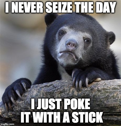 A long stick | I NEVER SEIZE THE DAY; I JUST POKE IT WITH A STICK | image tagged in memes,confession bear,bacon,seize the day,poke,stick | made w/ Imgflip meme maker