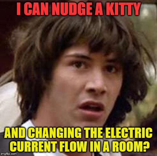 Conspiracy Keanu Meme | I CAN NUDGE A KITTY AND CHANGING THE ELECTRIC CURRENT FLOW IN A ROOM? | image tagged in memes,conspiracy keanu | made w/ Imgflip meme maker