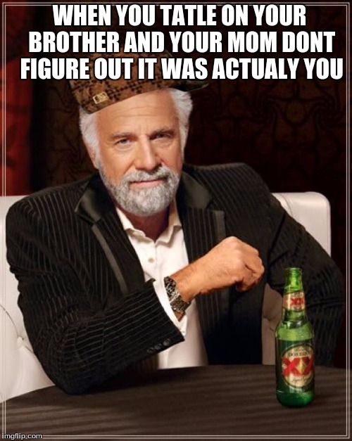 The Most Interesting Man In The World Meme | WHEN YOU TATLE ON YOUR BROTHER AND YOUR MOM DONT FIGURE OUT IT WAS ACTUALY YOU | image tagged in memes,the most interesting man in the world,scumbag | made w/ Imgflip meme maker