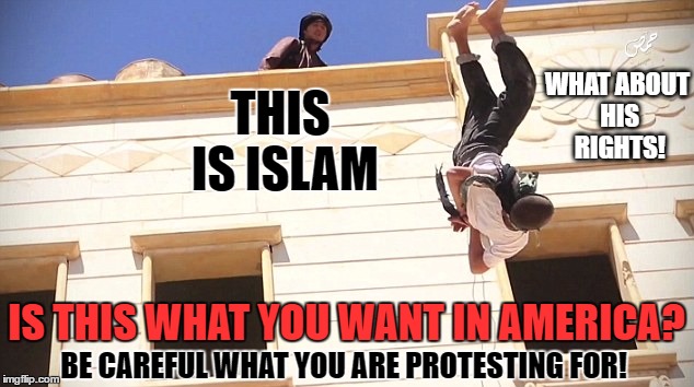 Just what are you protesting FOR! | WHAT ABOUT HIS RIGHTS! THIS IS ISLAM; IS THIS WHAT YOU WANT IN AMERICA? BE CAREFUL WHAT YOU ARE PROTESTING FOR! | image tagged in memes,protests,islam | made w/ Imgflip meme maker