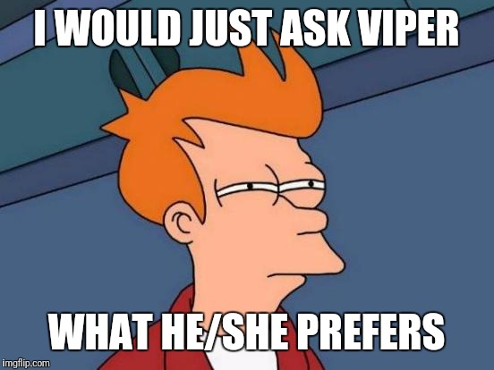 Futurama Fry Meme | I WOULD JUST ASK VIPER WHAT HE/SHE PREFERS | image tagged in memes,futurama fry | made w/ Imgflip meme maker