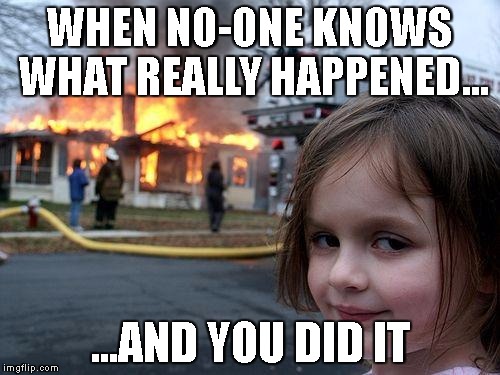 What Girls Can Do | WHEN NO-ONE KNOWS WHAT REALLY HAPPENED... ...AND YOU DID IT | image tagged in memes,disaster girl,bitch,fire | made w/ Imgflip meme maker