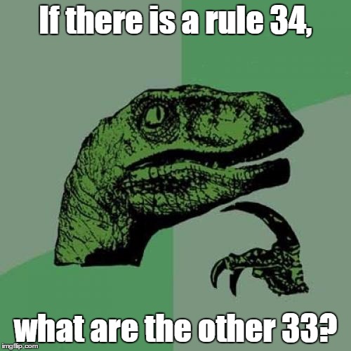 Meme Maker Questions | If there is a rule 34, what are the other 33? | image tagged in memes,philosoraptor | made w/ Imgflip meme maker