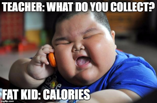 fat kid | TEACHER: WHAT DO YOU COLLECT? FAT KID: CALORIES | image tagged in fat kid | made w/ Imgflip meme maker