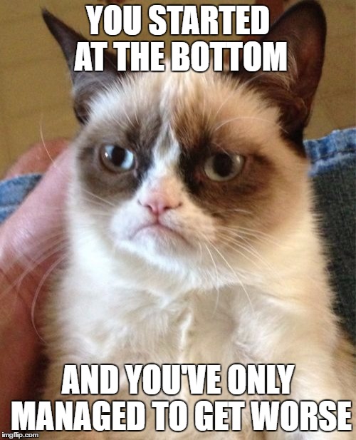 Grumpy Cat | YOU STARTED AT THE BOTTOM; AND YOU'VE ONLY MANAGED TO GET WORSE | image tagged in memes,grumpy cat | made w/ Imgflip meme maker