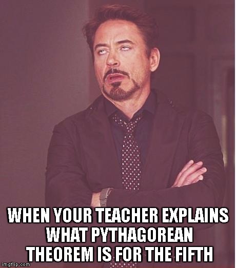Pythagorean Theorem | WHEN YOUR TEACHER EXPLAINS WHAT PYTHAGOREAN THEOREM IS FOR THE FIFTH | image tagged in memes,face you make robert downey jr | made w/ Imgflip meme maker