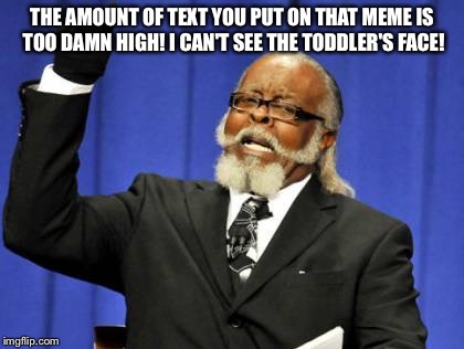 Too Damn High Meme | THE AMOUNT OF TEXT YOU PUT ON THAT MEME IS TOO DAMN HIGH! I CAN'T SEE THE TODDLER'S FACE! | image tagged in memes,too damn high | made w/ Imgflip meme maker