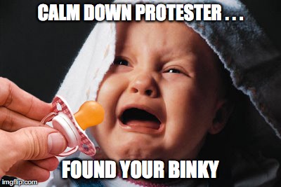 CALM DOWN PROTESTER . . . FOUND YOUR BINKY | image tagged in protesters,political,funny | made w/ Imgflip meme maker