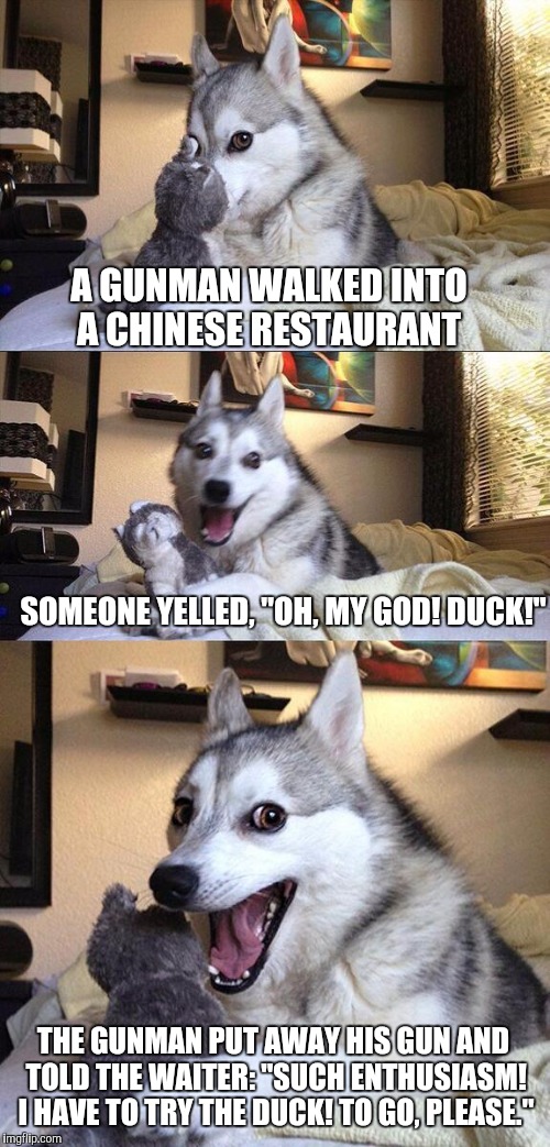 Bad Pun Dog | A GUNMAN WALKED INTO A CHINESE RESTAURANT; SOMEONE YELLED, "OH, MY GOD! DUCK!"; THE GUNMAN PUT AWAY HIS GUN AND TOLD THE WAITER: "SUCH ENTHUSIASM! I HAVE TO TRY THE DUCK! TO GO, PLEASE." | image tagged in memes,bad pun dog | made w/ Imgflip meme maker