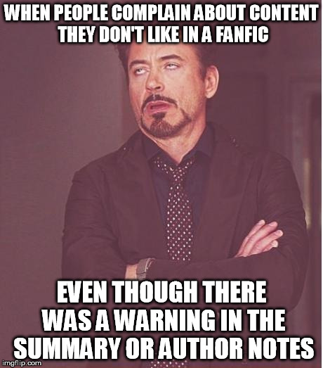Face You Make Robert Downey Jr | WHEN PEOPLE COMPLAIN ABOUT CONTENT THEY DON'T LIKE IN A FANFIC; EVEN THOUGH THERE WAS A WARNING IN THE SUMMARY OR AUTHOR NOTES | image tagged in memes,face you make robert downey jr,fan fiction,triggered,idiots | made w/ Imgflip meme maker