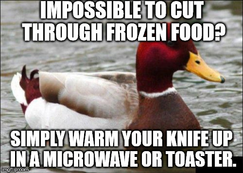 Legit life hacks. |  IMPOSSIBLE TO CUT THROUGH FROZEN FOOD? SIMPLY WARM YOUR KNIFE UP IN A MICROWAVE OR TOASTER. | image tagged in memes,malicious advice mallard | made w/ Imgflip meme maker