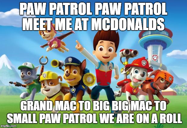 Paw Patrol  | PAW PATROL PAW PATROL MEET ME AT MCDONALDS; GRAND MAC TO BIG BIG MAC TO SMALL PAW PATROL WE ARE ON A ROLL | image tagged in paw patrol | made w/ Imgflip meme maker