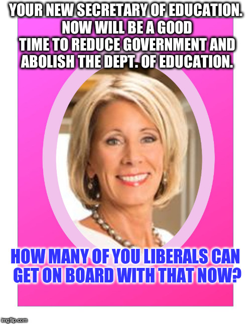 Should we | YOUR NEW SECRETARY OF EDUCATION. NOW WILL BE A GOOD TIME TO REDUCE GOVERNMENT AND ABOLISH THE DEPT. OF EDUCATION. HOW MANY OF YOU LIBERALS CAN GET ON BOARD WITH THAT NOW? | image tagged in secretary of education betsy devos,education,secretary,cabinet | made w/ Imgflip meme maker