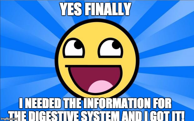When you get the information in class | YES FINALLY; I NEEDED THE INFORMATION FOR THE DIGESTIVE SYSTEM AND I GOT IT! | image tagged in happy face | made w/ Imgflip meme maker
