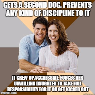 Scumbag Parents | GETS A SECOND DOG, PREVENTS ANY KIND OF DISCIPLINE TO IT; IT GREW UP AGGRESSIVE, FORCES HER UNWILLING DAUGHTER TO TAKE FULL RESPONSIBILITY FOR IT OR GET KICKED OUT | image tagged in scumbag parents | made w/ Imgflip meme maker