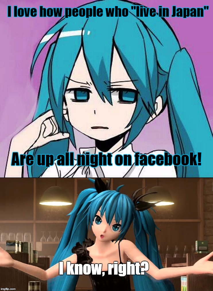 People who "live in Japan" | I love how people who "live in Japan"; Are up all night on facebook! I know, right? | image tagged in miku,vocaloid,sarcasm,japan | made w/ Imgflip meme maker