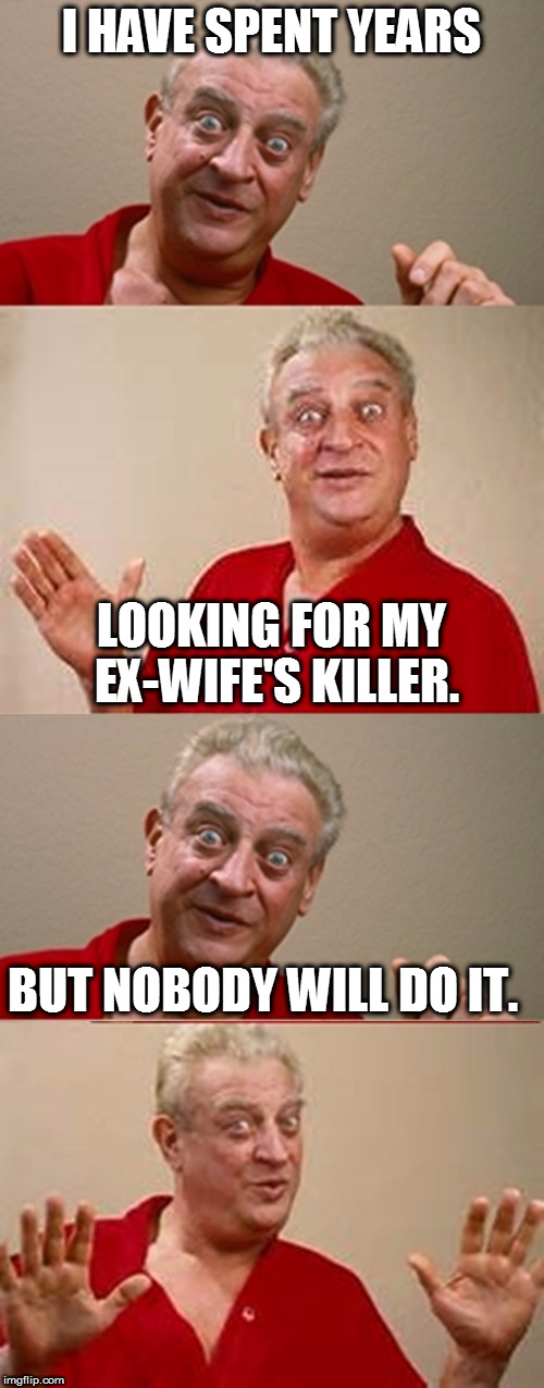 Bad Pun Rodney Dangerfield | I HAVE SPENT YEARS; LOOKING FOR MY EX-WIFE'S KILLER. BUT NOBODY WILL DO IT. | image tagged in bad pun rodney dangerfield | made w/ Imgflip meme maker