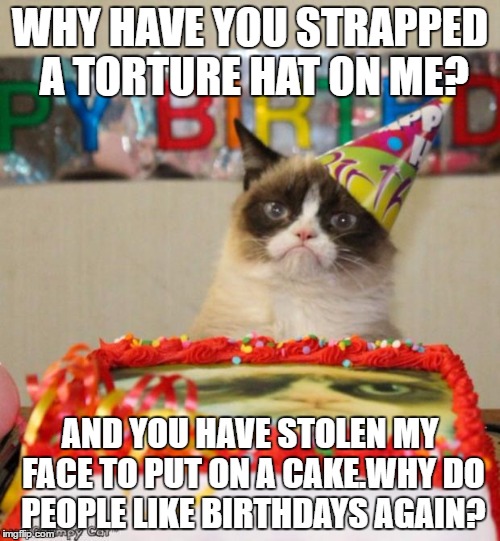 Grumpy Cat Birthday | WHY HAVE YOU STRAPPED A TORTURE HAT ON ME? AND YOU HAVE STOLEN MY FACE TO PUT ON A CAKE.WHY DO PEOPLE LIKE BIRTHDAYS AGAIN? | image tagged in memes,grumpy cat birthday,grumpy cat | made w/ Imgflip meme maker