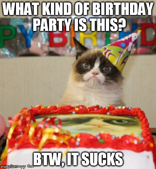 Grumpy Cat Birthday Meme | WHAT KIND OF BIRTHDAY PARTY IS THIS? BTW, IT SUCKS | image tagged in memes,grumpy cat birthday,grumpy cat | made w/ Imgflip meme maker
