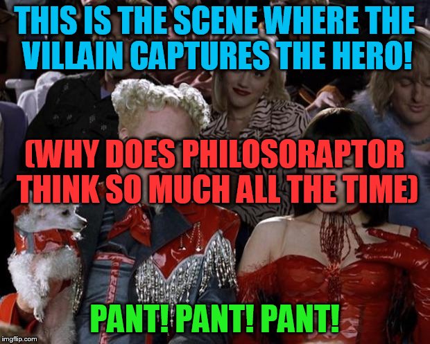 nothing important going on | THIS IS THE SCENE WHERE THE VILLAIN CAPTURES THE HERO! (WHY DOES PHILOSORAPTOR THINK SO MUCH ALL THE TIME); PANT! PANT! PANT! | image tagged in slappy,slippy,fluffyknob the iii,comic | made w/ Imgflip meme maker