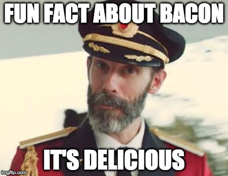 The more you know! | FUN FACT ABOUT BACON; IT'S DELICIOUS | image tagged in captain obvious,bacon,fact,fun | made w/ Imgflip meme maker