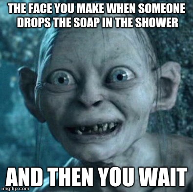 Gollum Meme | THE FACE YOU MAKE WHEN SOMEONE DROPS THE SOAP IN THE SHOWER; AND THEN YOU WAIT | image tagged in memes,gollum | made w/ Imgflip meme maker