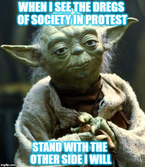 Star Wars Yoda | WHEN I SEE THE DREGS OF SOCIETY IN PROTEST; STAND WITH THE OTHER SIDE I WILL | image tagged in memes,star wars yoda,protesters | made w/ Imgflip meme maker