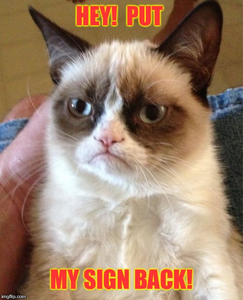 Grumpy Cat Meme | HEY!  PUT MY SIGN BACK! | image tagged in memes,grumpy cat | made w/ Imgflip meme maker