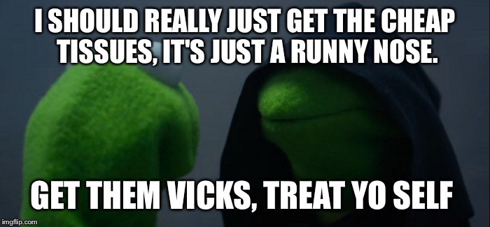 Evil Kermit Meme | I SHOULD REALLY JUST GET THE CHEAP TISSUES, IT'S JUST A RUNNY NOSE. GET THEM VICKS, TREAT YO SELF | image tagged in evil kermit | made w/ Imgflip meme maker