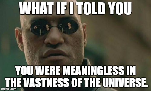 Matrix Morpheus | WHAT IF I TOLD YOU; YOU WERE MEANINGLESS IN THE VASTNESS OF THE UNIVERSE. | image tagged in memes,matrix morpheus | made w/ Imgflip meme maker