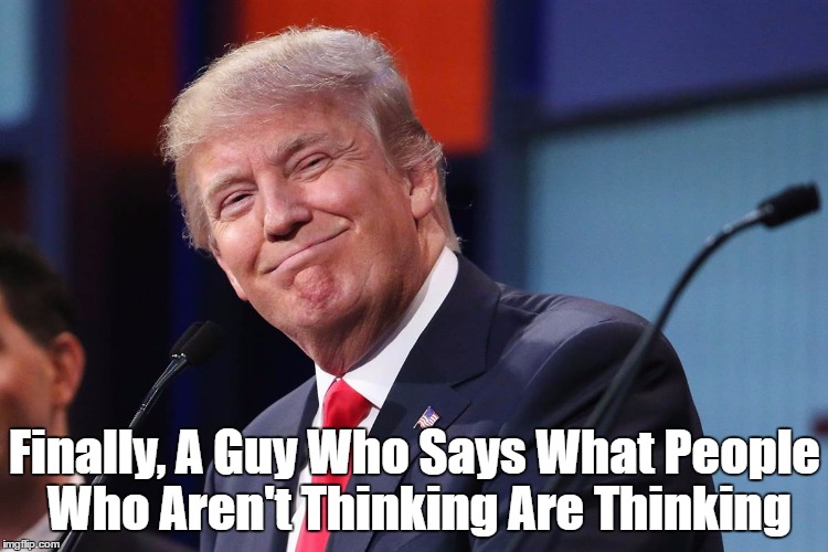 Finally, A Guy Who Says What People Who Aren't Thinking Are Thinking | Finally, A Guy Who Says What People Who Aren't Thinking Are Thinking | image tagged in trump,aggressive ignorance,denial,opinion trumps truth,alpha dog adulation | made w/ Imgflip meme maker