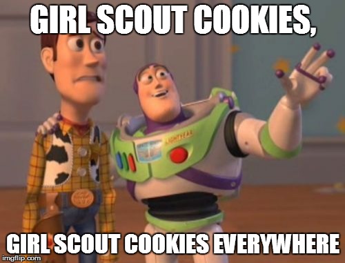 Last year, my wife and I each bought cookies, not knowing the other had already bought some. Oops!  | GIRL SCOUT COOKIES, GIRL SCOUT COOKIES EVERYWHERE | image tagged in memes,x x everywhere,look at all these,girl scout cookies,funny memes | made w/ Imgflip meme maker