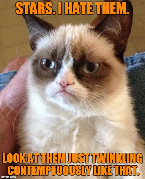 Grumpy Cat Meme | STARS. I HATE THEM. LOOK AT THEM JUST TWINKLING CONTEMPTUOUSLY LIKE THAT. | image tagged in memes,grumpy cat | made w/ Imgflip meme maker