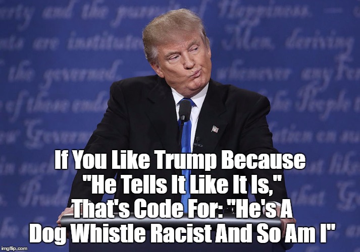 If You Like Trump Because "He Tells It Like It Is," That's Code For: "He's A Dog Whistle Racist And So Am I" | If You Like Trump Because "He Tells It Like It Is," That's Code For: "He's A Dog Whistle Racist And So Am I" | image tagged in trump and minorities,trump and ethnic animus,trump's appeal to the kkk,trump's appeal to racists,trump's dog whistle politics,tr | made w/ Imgflip meme maker