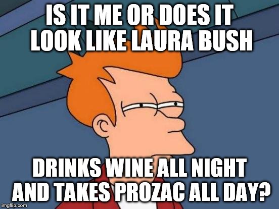 Futurama Fry Meme | IS IT ME OR DOES IT LOOK LIKE LAURA BUSH DRINKS WINE ALL NIGHT AND TAKES PROZAC ALL DAY? | image tagged in memes,futurama fry | made w/ Imgflip meme maker
