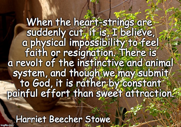 When the heart-strings are suddenly cut, it is, I believe, a physical impossibility to feel faith or resignation. There is a revolt of the instinctive and animal system, and though we may submit to God, it is rather by constant painful effort than sweet attraction. Harriet Beecher Stowe | made w/ Imgflip meme maker