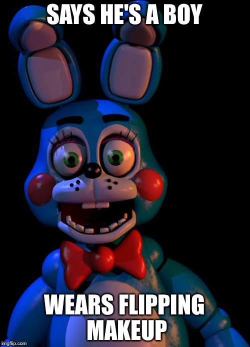 Toy Bonnie FNaF | SAYS HE'S A BOY; WEARS FLIPPING MAKEUP | image tagged in toy bonnie fnaf | made w/ Imgflip meme maker
