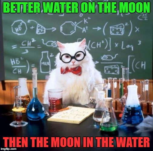 Chemistry Cat | BETTER WATER ON THE MOON; THEN THE MOON IN THE WATER | image tagged in memes,chemistry cat | made w/ Imgflip meme maker