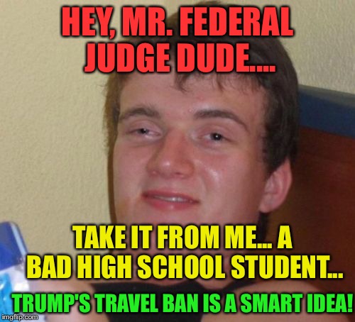 10 Guy | HEY, MR. FEDERAL JUDGE DUDE.... TAKE IT FROM ME... A BAD HIGH SCHOOL STUDENT... TRUMP'S TRAVEL BAN IS A SMART IDEA! | image tagged in memes,10 guy | made w/ Imgflip meme maker