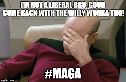 I'M NOT A LIBERAL BRO, GOOD COME BACK WITH THE WILLY WONKA THO! #MAGA | image tagged in memes,captain picard facepalm | made w/ Imgflip meme maker