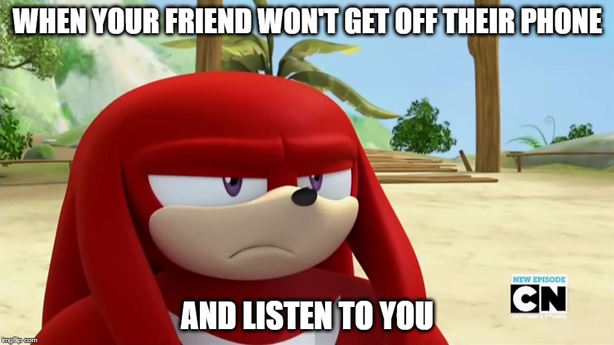 Knuckles is not Impressed - Sonic Boom | WHEN YOUR FRIEND WON'T GET OFF THEIR PHONE; AND LISTEN TO YOU | image tagged in knuckles is not impressed - sonic boom | made w/ Imgflip meme maker