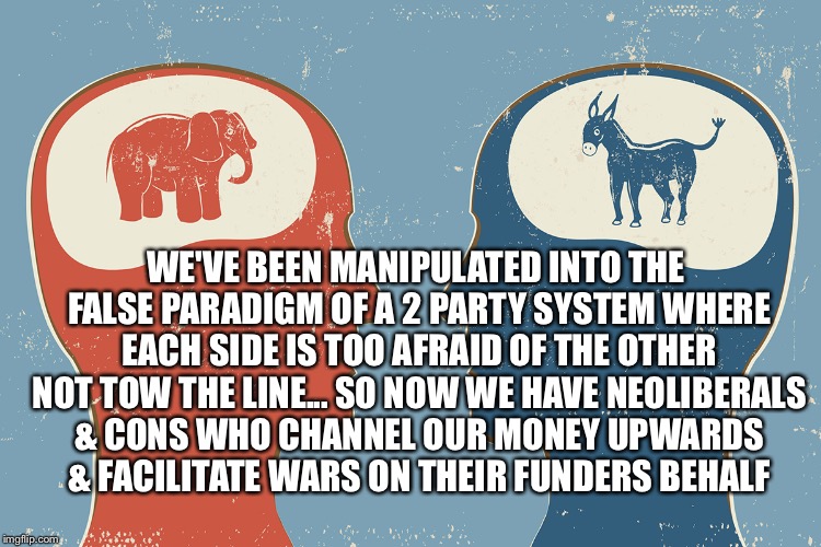 Manipulated  | WE'VE BEEN MANIPULATED INTO THE FALSE PARADIGM OF A 2 PARTY SYSTEM WHERE EACH SIDE IS TOO AFRAID OF THE OTHER NOT TOW THE LINE... SO NOW WE HAVE NEOLIBERALS & CONS WHO CHANNEL OUR MONEY UPWARDS & FACILITATE WARS ON THEIR FUNDERS BEHALF | image tagged in democrats,republicans,party,neoliberalism,war | made w/ Imgflip meme maker