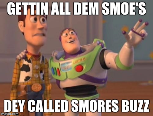 X, X Everywhere | GETTIN ALL DEM SMOE'S; DEY CALLED SMORES BUZZ | image tagged in memes,x x everywhere | made w/ Imgflip meme maker